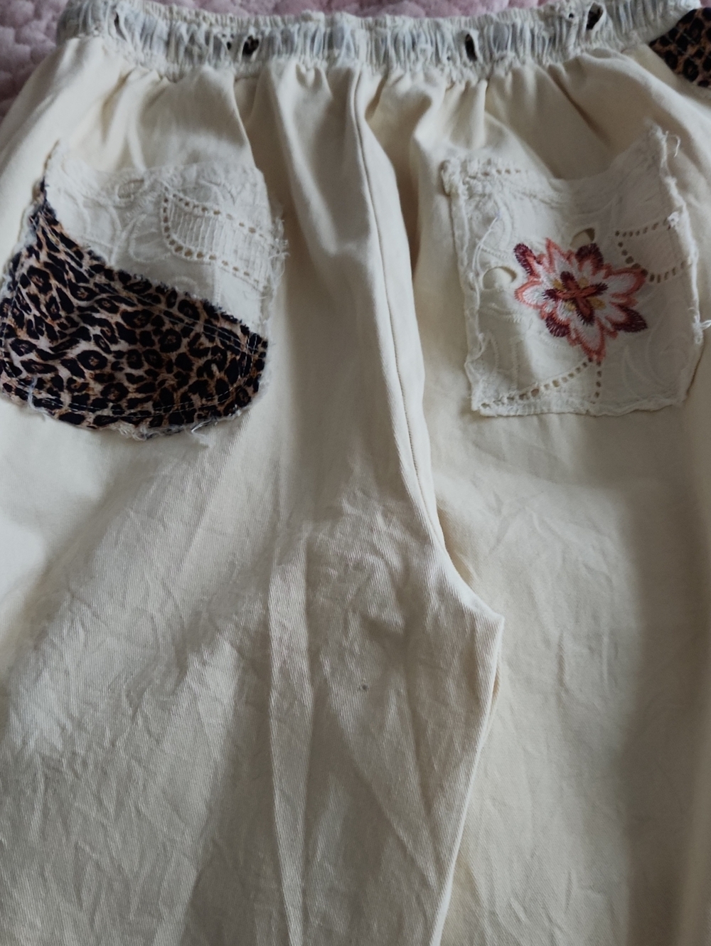 New Wo Tags Embroidered Cream Drawstring Pants with Leopard Trim - Picture 5 of 8